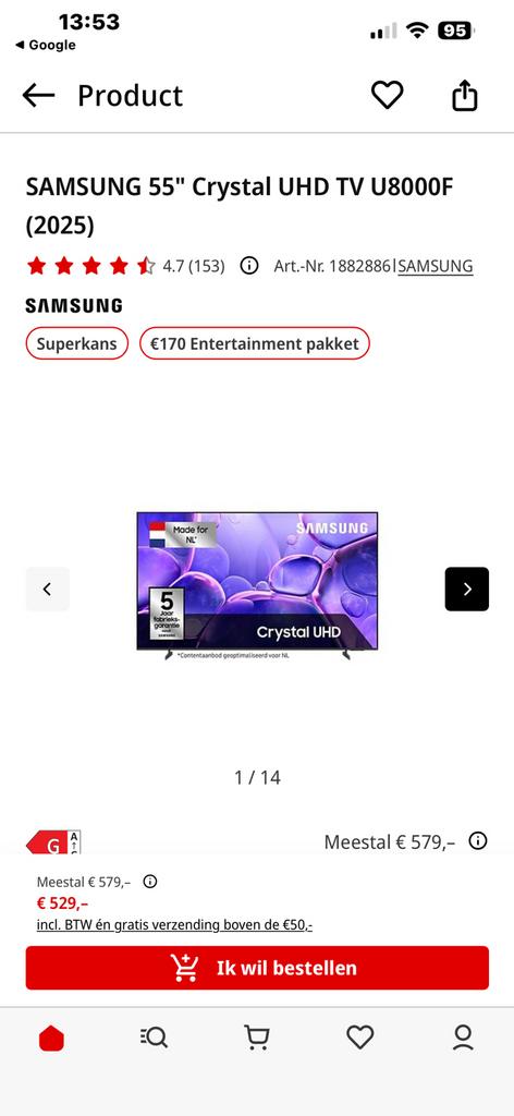 Samsung 55” Crystal UHD TV U 8000F 2025, Ophalen, Nieuw, 8k (UHD), Samsung