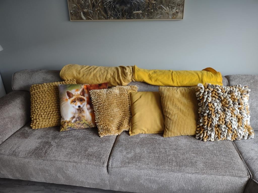 Set sierkussens okergeel met kleden, Ophalen of Verzenden, Geel, Vierkant