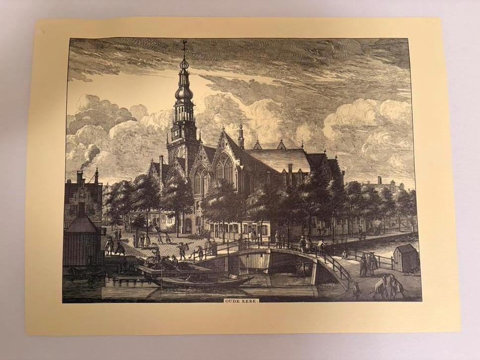 Oude kerk in Amsterdam ets gravure pentekening, Ophalen of Verzenden