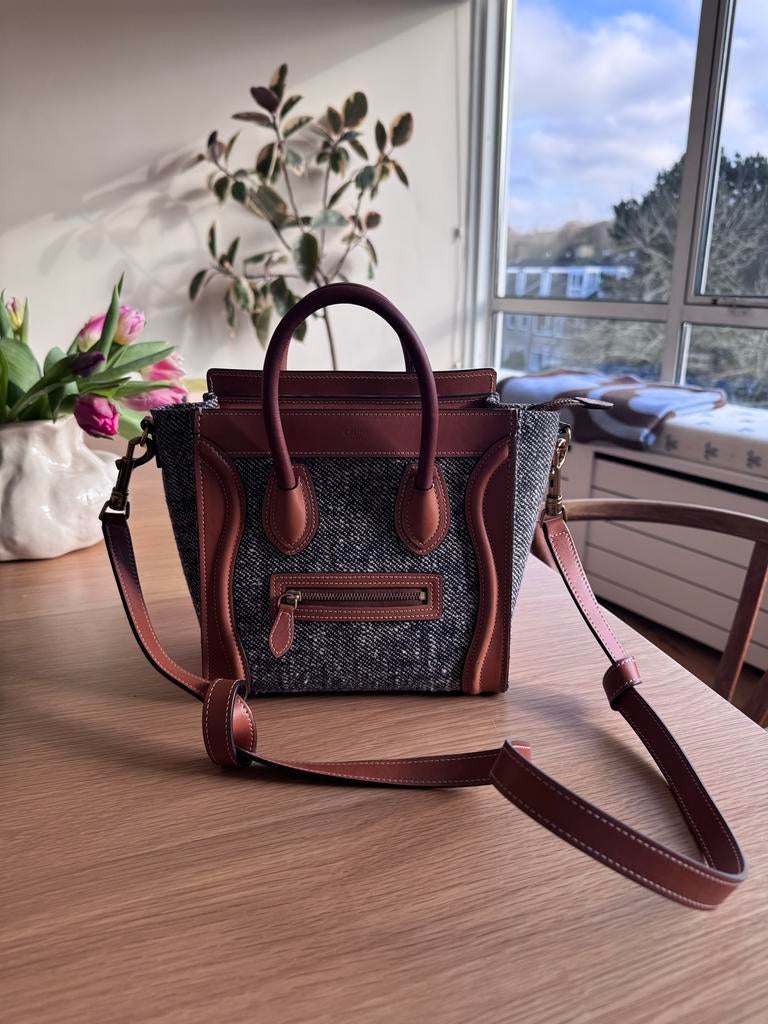 Celine Nano Luggage Tas - Tweed & Leer, Ophalen of Verzenden, Zo goed als nieuw, Bruin, Handtas