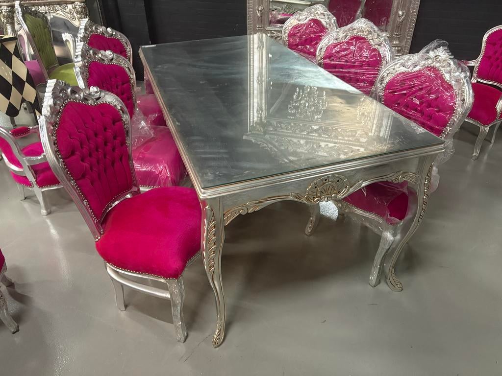 6 stoelen en tafel met glas plaat - 200cm, 100 tot 150 cm, 200 cm of meer, Ophalen of Verzenden, Zo goed als nieuw