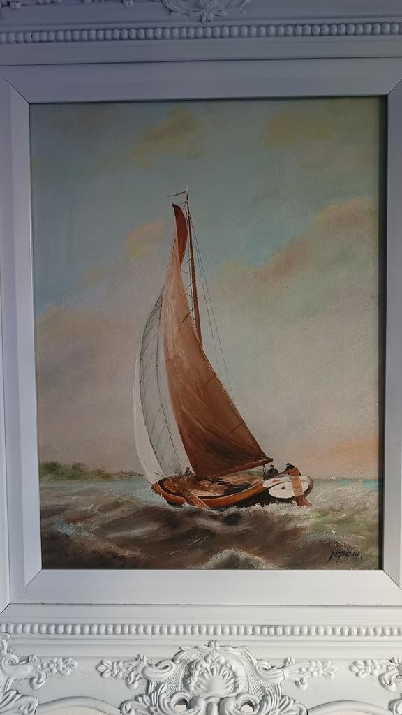 Antiek Schilderij: Schûtsje op Zee, Ophalen of Verzenden