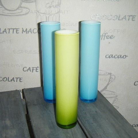 Vaasjes in de kleuren groen en blauw van melkglas, Ophalen, Overige kleuren, Minder dan 50 cm, Glas