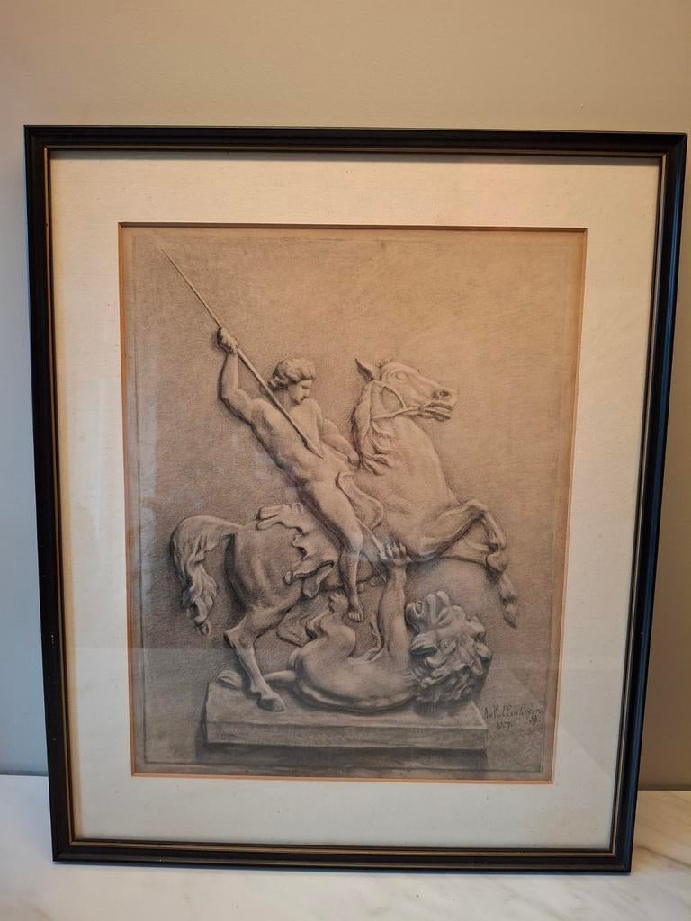Klassieke Litho: Man te paard verslaat leeuw, A.Vollenhoven, Antiek en Kunst, Kunst | Litho's en Zeefdrukken, Ophalen of Verzenden