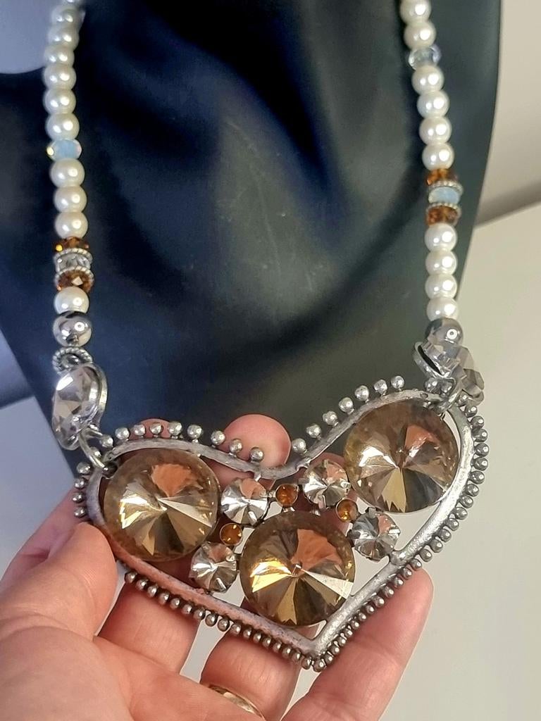 Vintage 90's modernist swarovski collier, Ophalen of Verzenden, Zo goed als nieuw, Zilver, Overige materialen