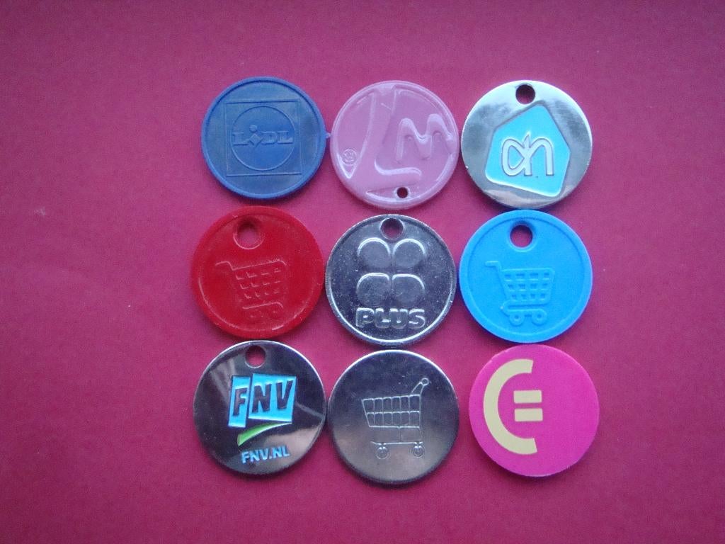 Setje verschillende winkelwagenmunten., Verzenden, Gebruikt