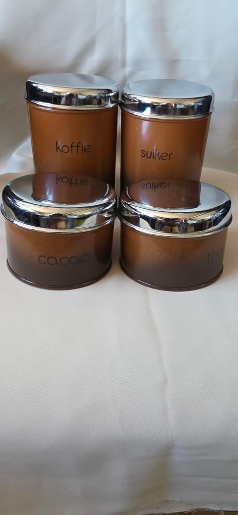 Vintage voorraadpotten set - Koffie, Suiker, Cacao en Thee, Gebruikt, Ophalen of Verzenden, Voorraadpot, Metaal