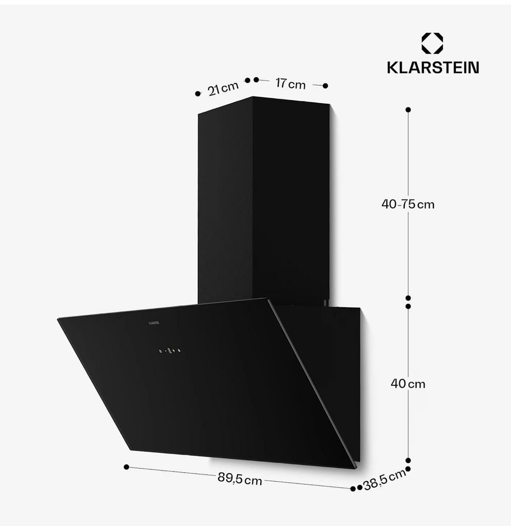 Klarstein Afzuigkap - Zwart, 90 cm breed, Touch Control, Wandschouwkap, Ophalen of Verzenden, Zo goed als nieuw, 400 tot 600 m³ per uur