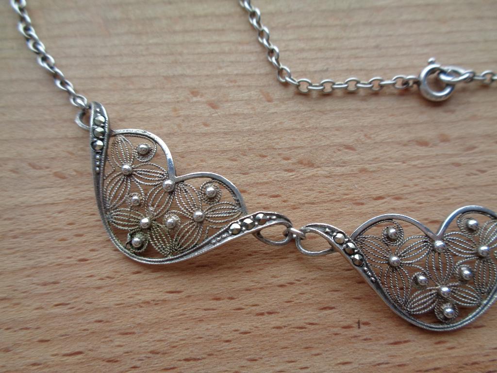 zilveren filigrain ketting met makasiet [518], Met hanger, Verzenden, Zo goed als nieuw, Zilver