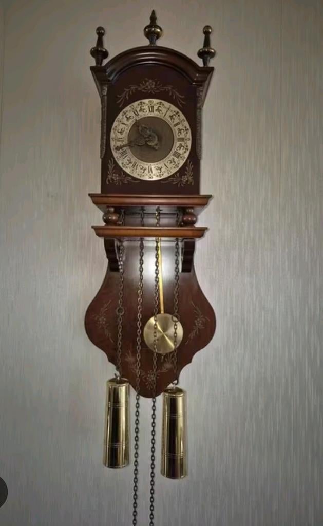 Houten wandklok vintage werkend met messing gewichten, Ophalen of Verzenden