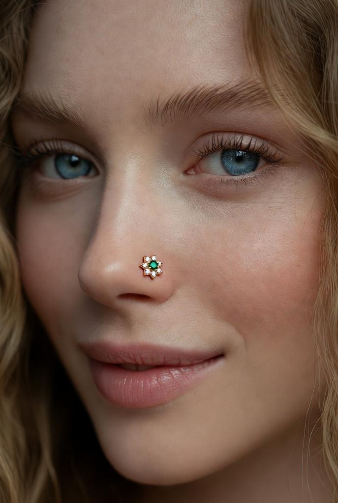 18K Gouden Neuspiercing met Groene Steen en Strass, Sieraden, Tassen en Uiterlijk, Piercings, Nieuw, Ophalen of Verzenden, Neuspiercing