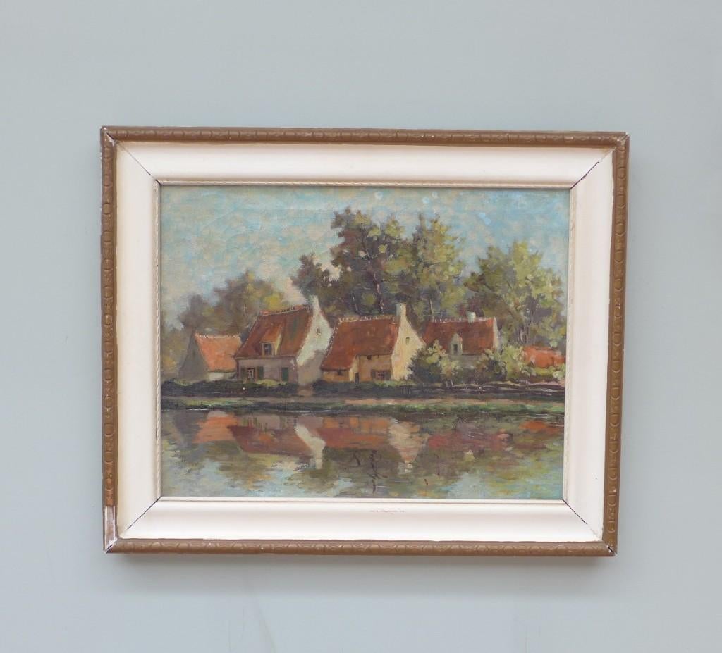 Nederlandse School - Dorpsgezicht aan het water, Antiek en Kunst, Kunst | Schilderijen | Klassiek, Ophalen of Verzenden