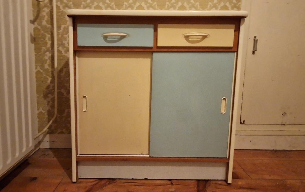 Vintage kastje met schuifdeuren en lades, Huis en Inrichting, Ophalen, Gebruikt