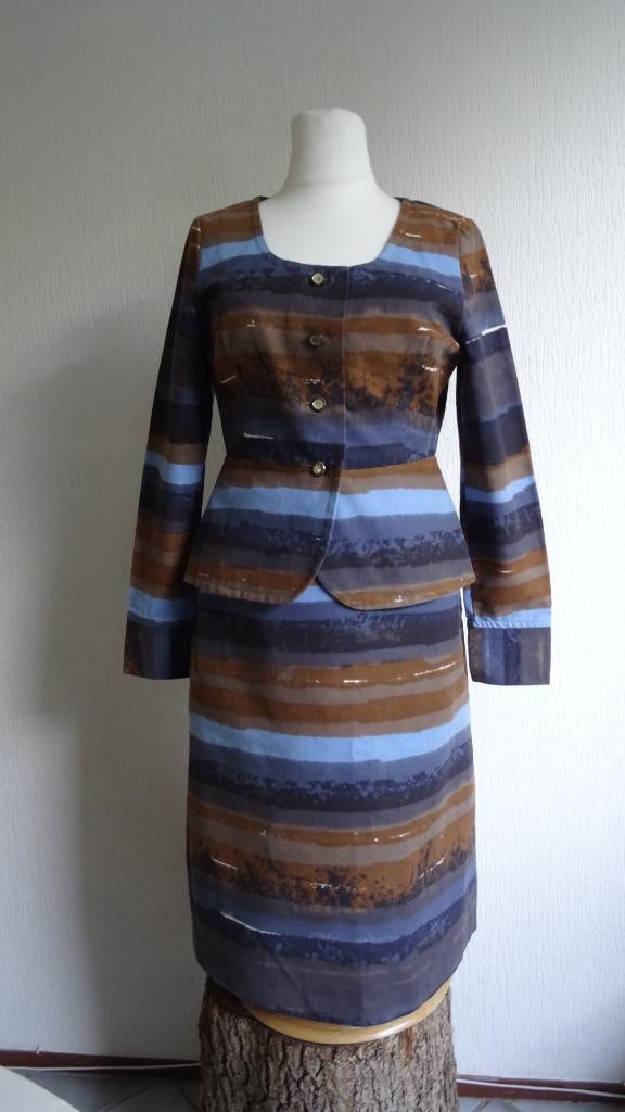 Vintage mantelpak - handdrukstof Polletje - XS - zgan, Kostuum of Pak, Ophalen of Verzenden, Zo goed als nieuw, Handgemaakt