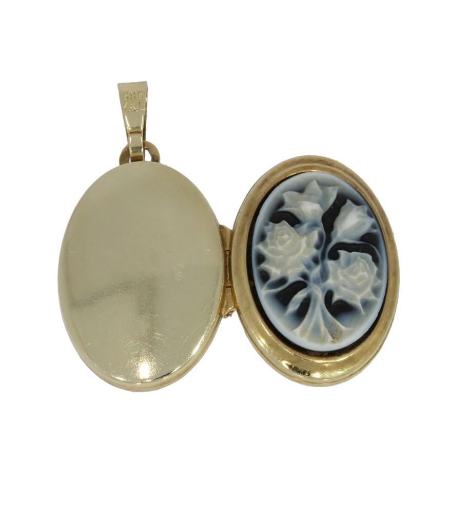 Foto medaillon 14k goud ketting hanger blauwe camee antiek, Sieraden, Tassen en Uiterlijk, Antieke sieraden, Verzenden, Goud, Hanger