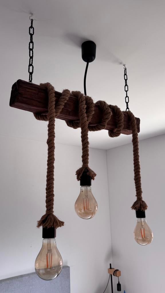 Industrial Rope Ceiling Lamp – Solid Wood Beam, 3 Lights, Ophalen, Zo goed als nieuw, Minder dan 50 cm