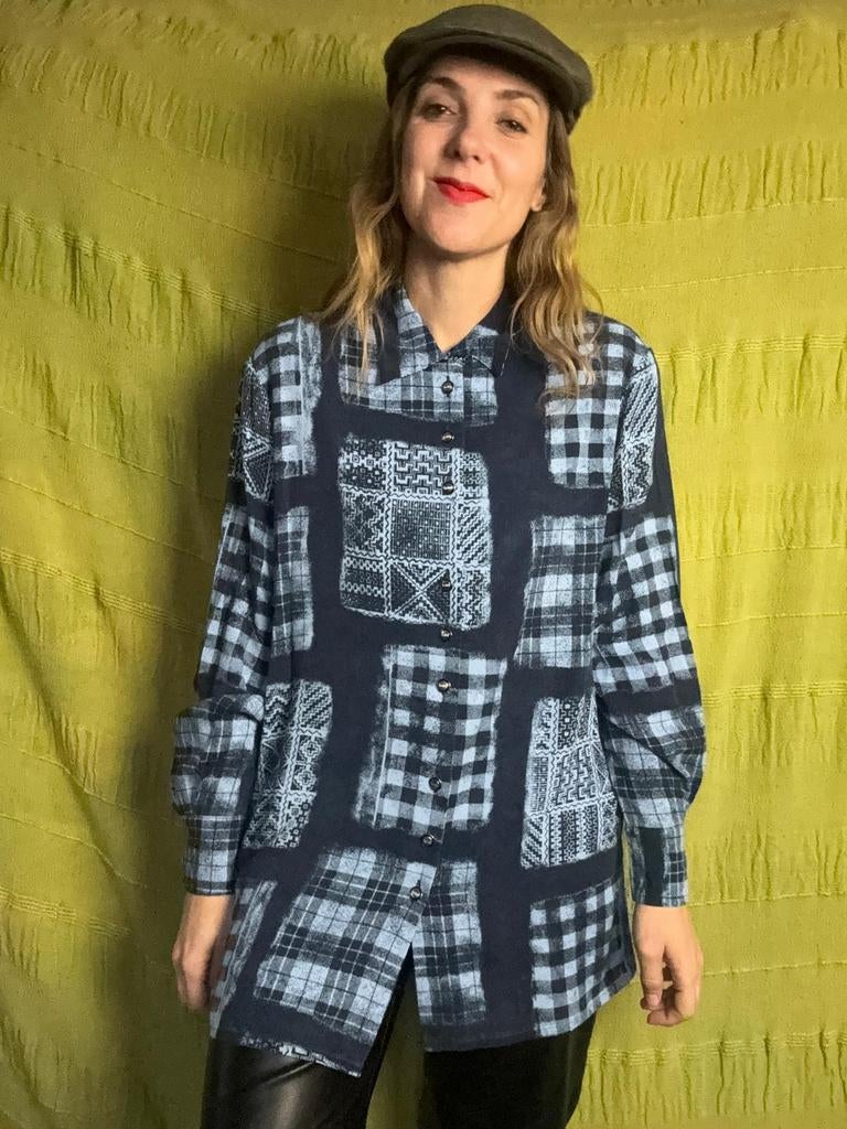 Vintage blouse, maat 40/L - blauw - patroon - 90's, Maat 38/40 (M), Blauw, Onbekend, Ophalen of Verzenden