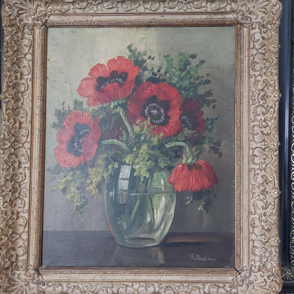 Oud Schilderij klaprozen/ anemoon. Olieverf op doek, Ophalen