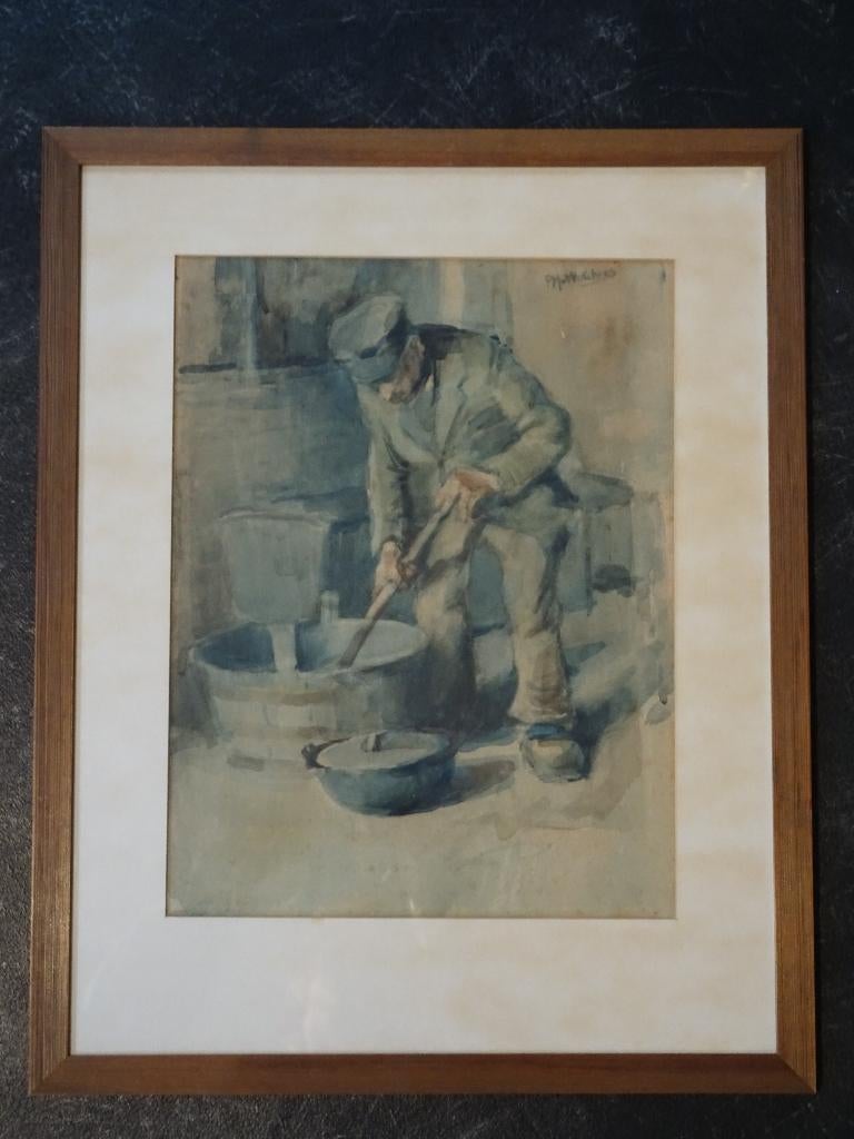 aquarel karnende boer bij boerderij, PM van Walcheren 1910, Verzenden