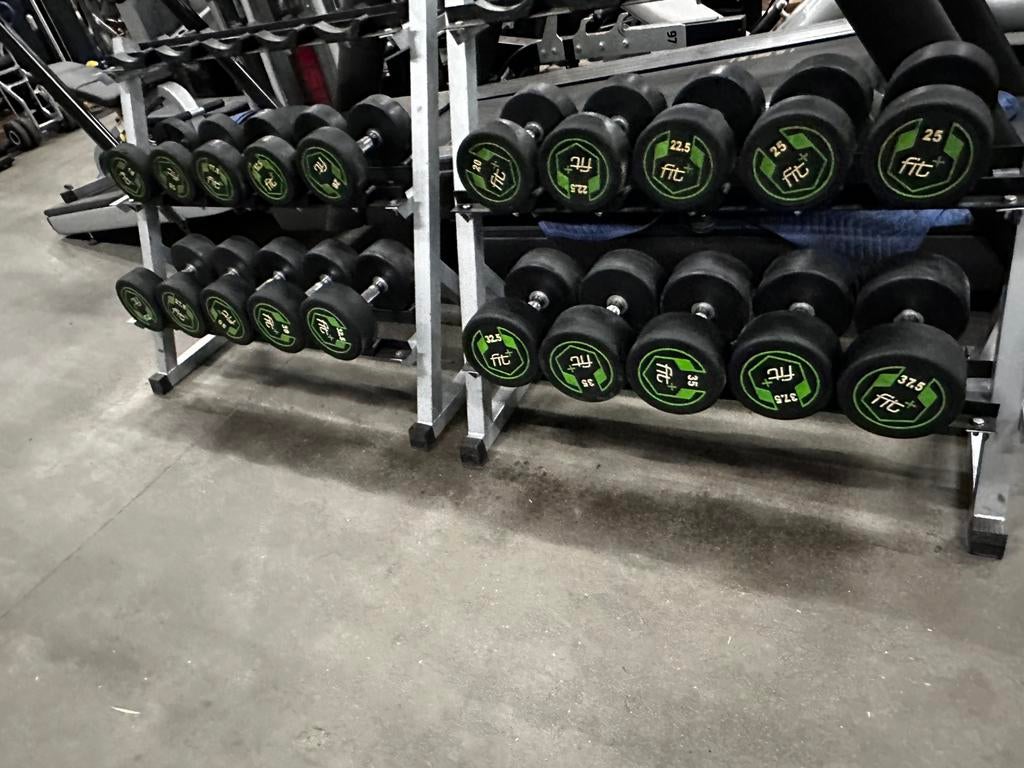 Vaste Rubberen Dumbells 15kg t/m 37,5kg + 2 Dumbells Rekken, Ophalen, Gebruikt, Dumbbell