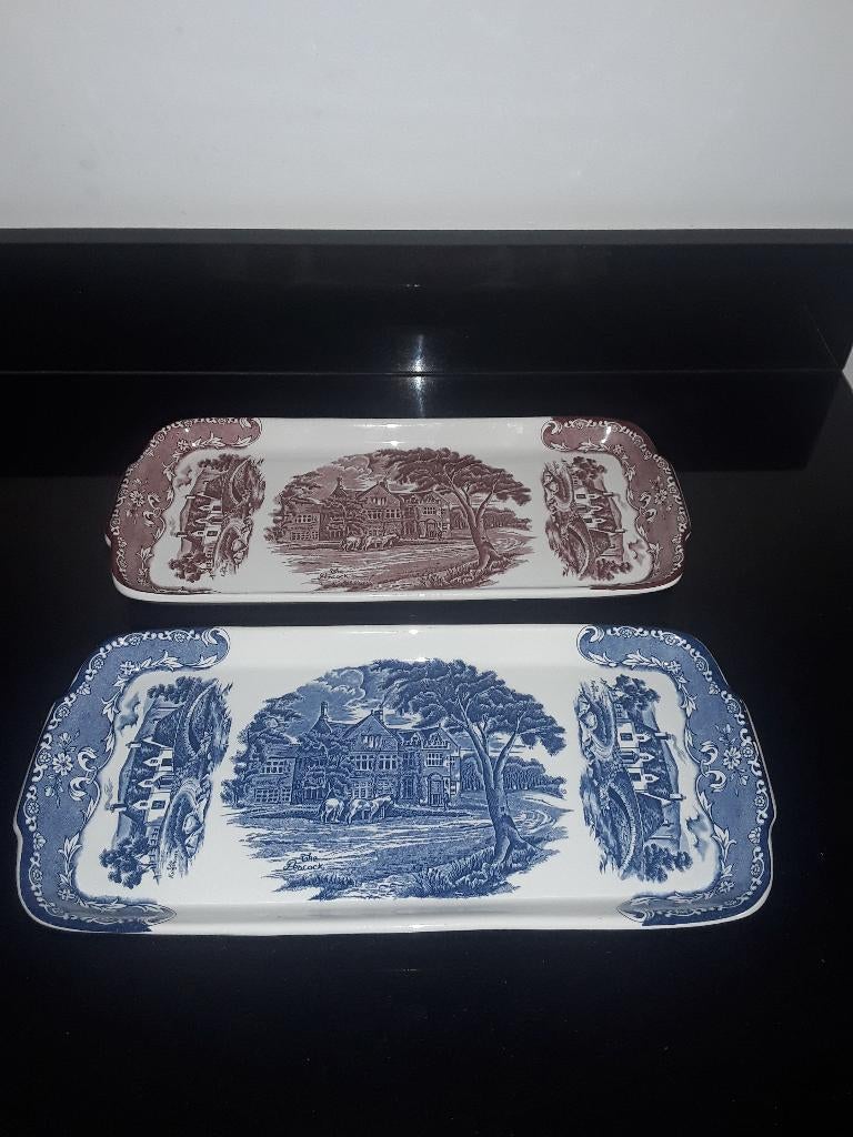 2 Engelse Grindley rood&blauw cake/serveerschaal, Verzenden, Overige stijlen, Aardewerk, Schaal of Schalen