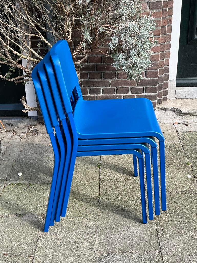 Ikea Teodores blauw stapelstoelen kunststof set/4, Huis en Inrichting, Stoelen, Ophalen, Zo goed als nieuw, Blauw, Kunststof