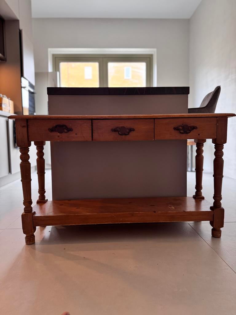 Massieve houten muurtafel/sidetable met lades en epoxy, Huis en Inrichting, Tafels | Sidetables, Gebruikt, 100 tot 150 cm, Ophalen of Verzenden