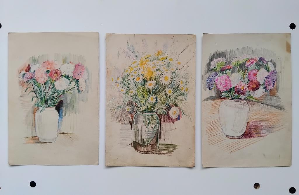 Drie schilderijen, potloodtekeningen. Bloemstillevens. 1960, Antiek en Kunst, Ophalen of Verzenden