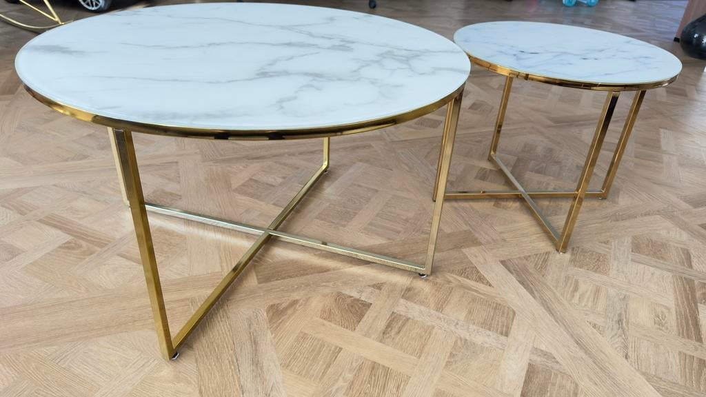 Ronde salontafel Antigua met glazen tafelblad in marmerlook, Huis en Inrichting, Tafels | Bijzettafels, Westwing, Rond, 55 tot 75 cm