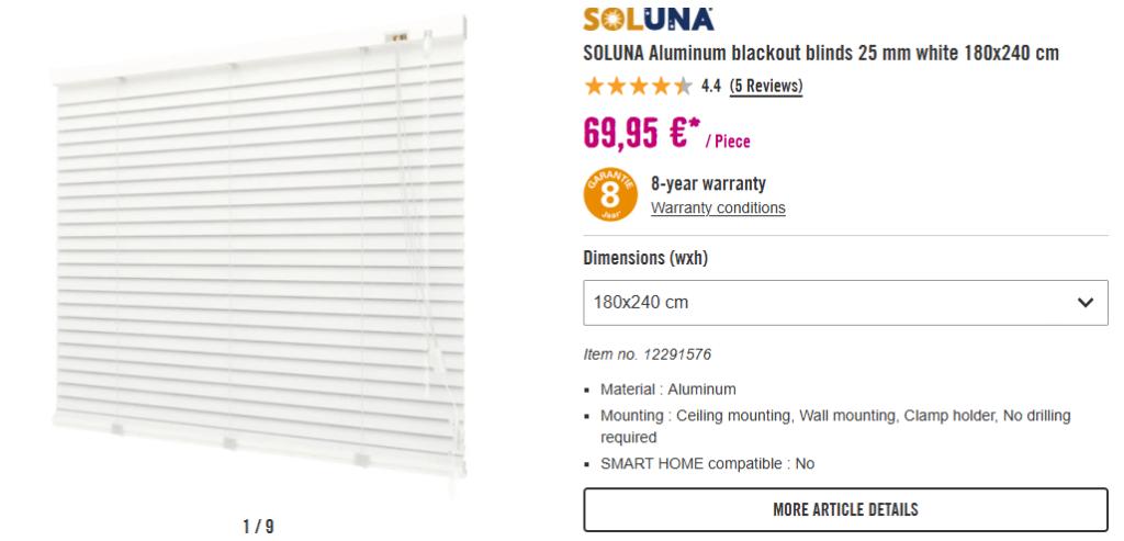 SOLUNA Aluminium jaloezie 50 mm mat wit 220x180 cm, Ophalen, Minder dan 50 cm, Gebruikt, 200 cm of meer