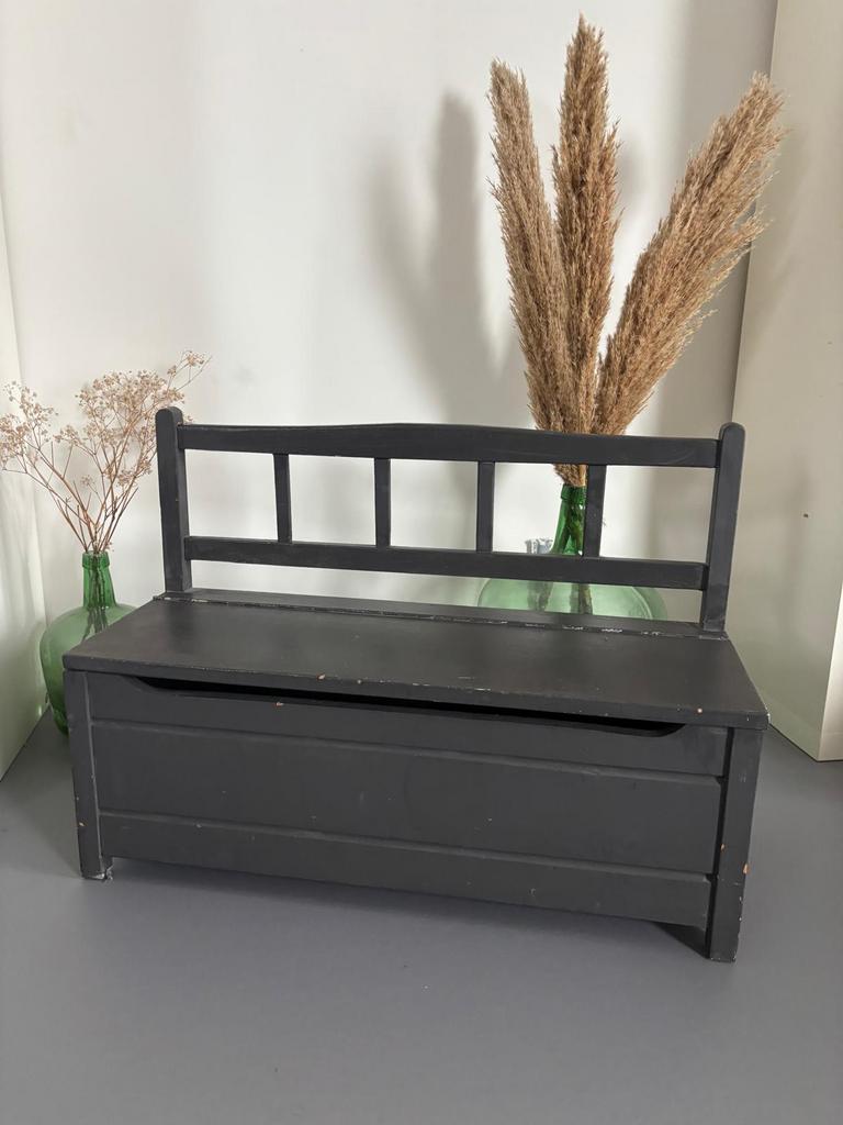 Grijs vintage opberg bankje, Tuin en Terras, Tuinbanken, Ophalen, Gebruikt