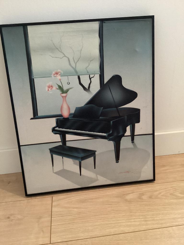 Mooie Vintage Schilderij Piano, Ophalen, 50 tot 75 cm, Zo goed als nieuw, Schilderij