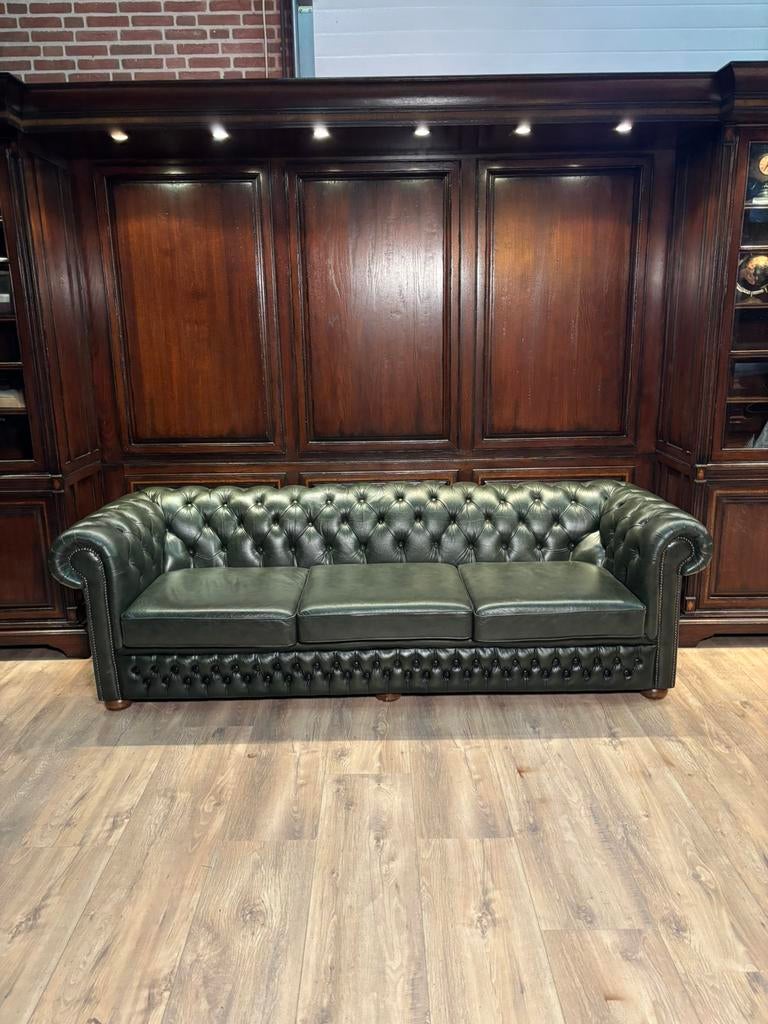 Orginele chesterfield antiek groen leren 3 zits, Ophalen, Info@chesterfieldjunkie.nl, Chesterfiels, Gosem engelstraat