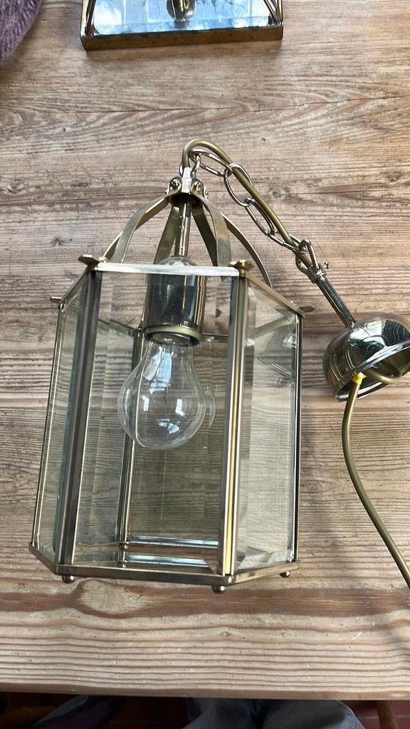 Vintage hanglamp massief messing Honsel, Verzenden, Gebruikt, Glas