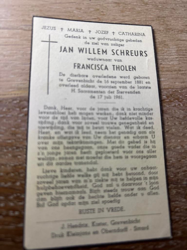 Schreurs Jan 1881 Grevenbicht 1961 x Tholen - 28386, Verzamelen, Ophalen of Verzenden, Bidprentje