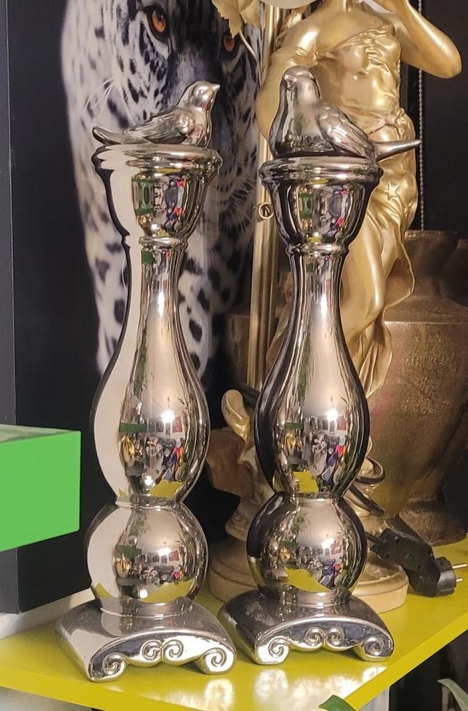 Zilveren kandelaars met vogels, Huis en Inrichting, Ophalen of Verzenden, Zo goed als nieuw, Kunststof