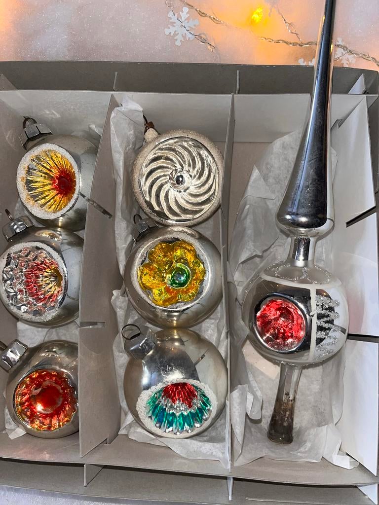 Vintage Kerstboomversiering Set; deukballen en piek, Ophalen of Verzenden, Gebruikt