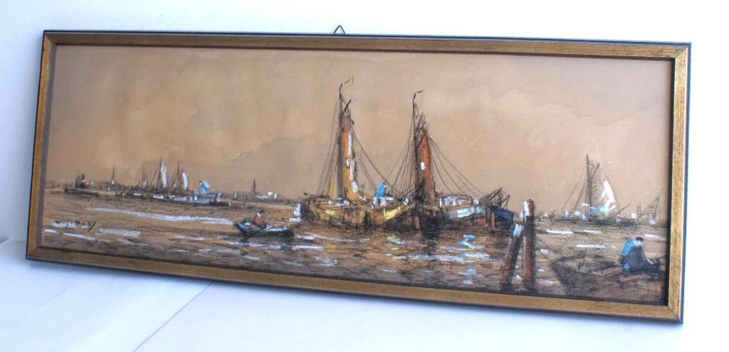 Maritiem schilderij Wim Bos Houtskool pastelkrijt 74 x 26 cm, Ophalen of Verzenden