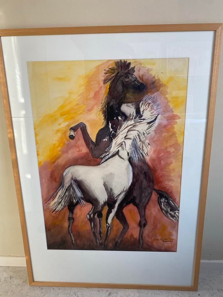 Ingelijst schilderij: Twee dynamische paarden, Antiek en Kunst, Kunst | Schilderijen | Modern, Ophalen of Verzenden