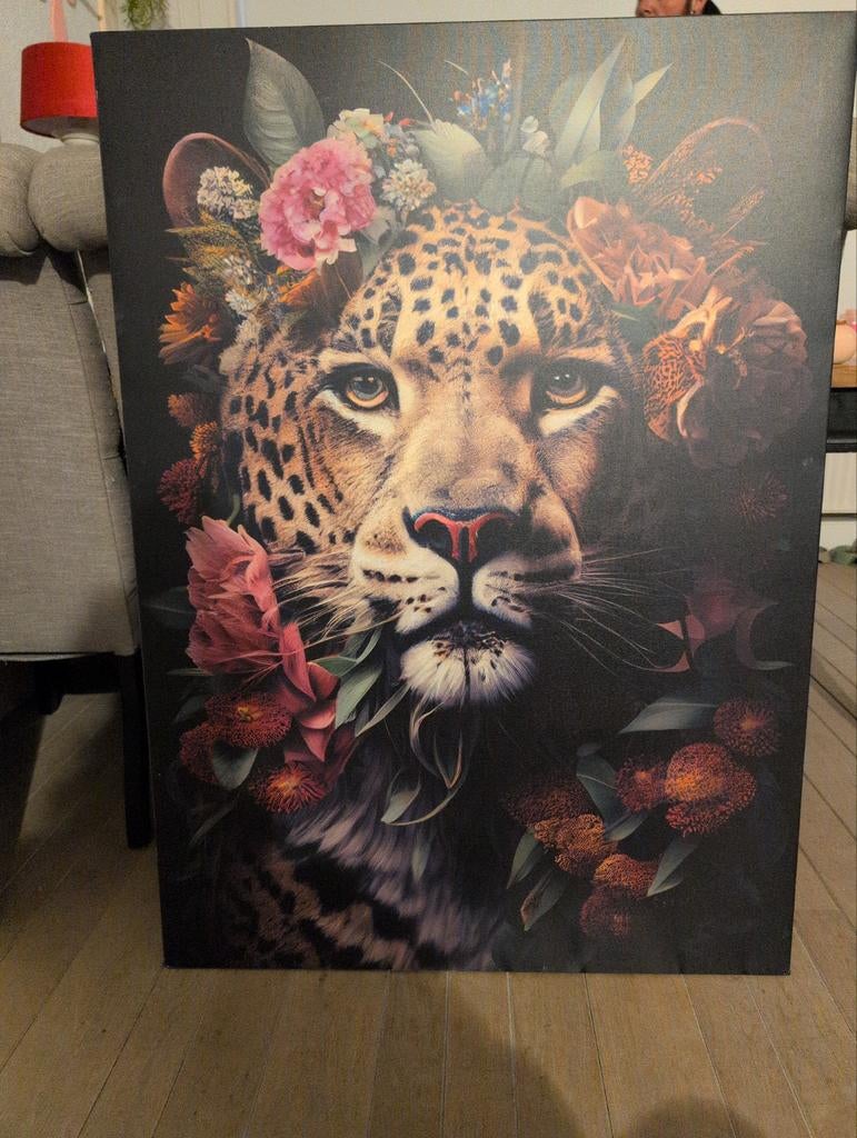 Canvas Schilderij Luipaard met Bloemen, Ophalen