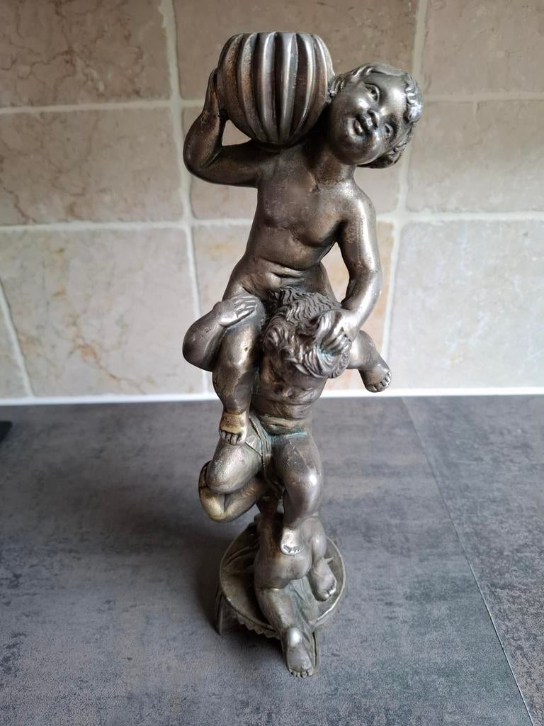 Vintage metalen kaarsenstandaard met engelen., Ophalen of Verzenden, Overige materialen