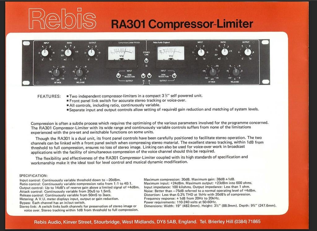👉 Rebis Audio RA301 Vintage Engelse FET Compressor/Limiter!, Muziek en Instrumenten, Effecten, Ophalen of Verzenden, Gebruikt