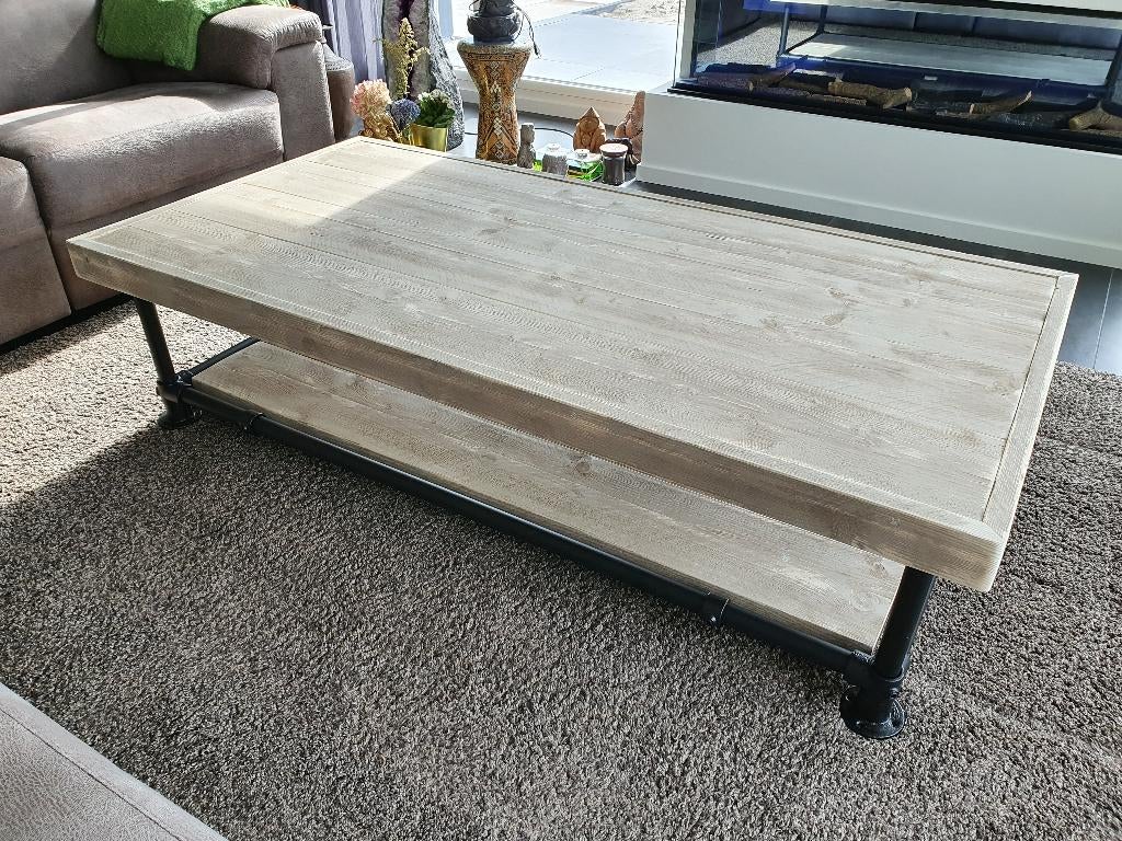 Unieke salontafel van steigerhout met steigerbuis of staal, Ophalen, 100 tot 150 cm, Nieuw, 50 tot 100 cm