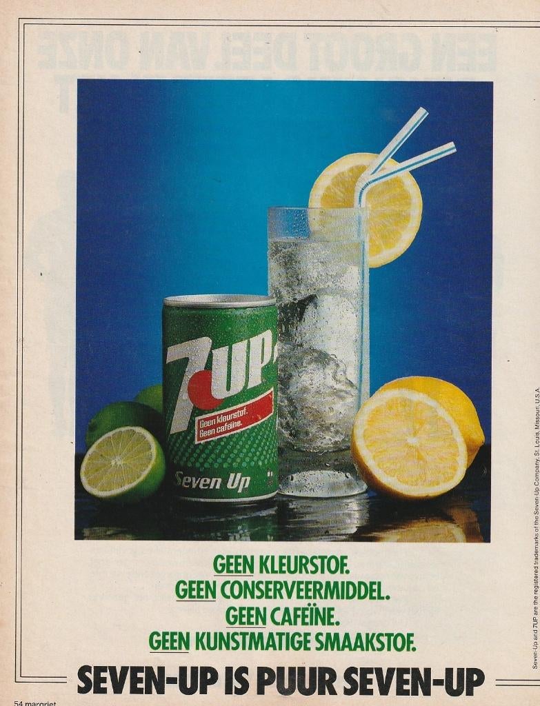 Retro reclame 1982 7Up Seven-Up frisdrank geen kleurstof, Verzamelen, Verzenden, Overige typen