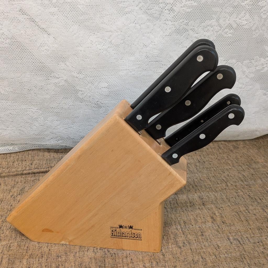 Richardson messenblok met 5 steakmessen, Ophalen, Zo goed als nieuw, Hout, Bestekset