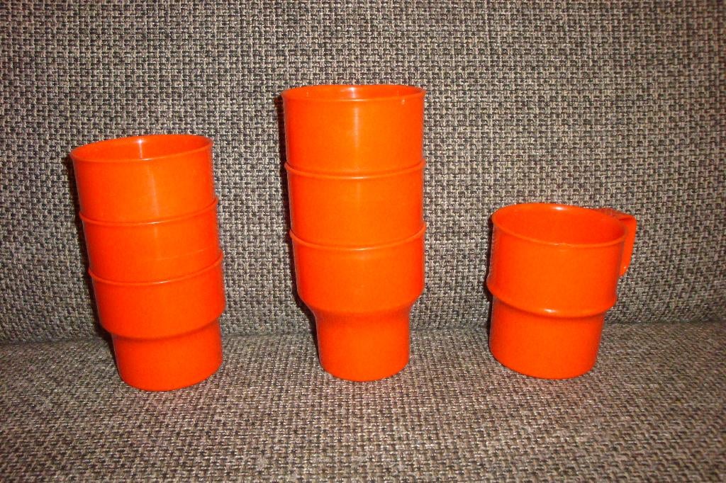 7x retro vintage Mepal camping bekers mokken servies, oranje, Ophalen of Verzenden, Gebruikt