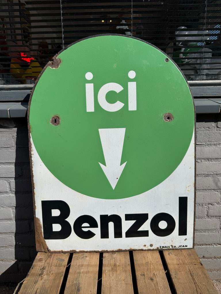 Benzol olie oud emaille reclamebord, Antiek en Kunst, Ophalen