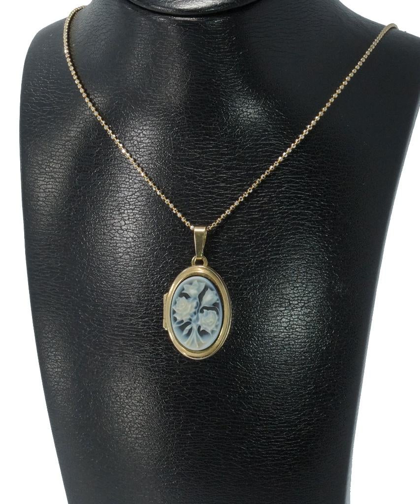 Foto medaillon 14k goud ketting hanger blauwe camee antiek