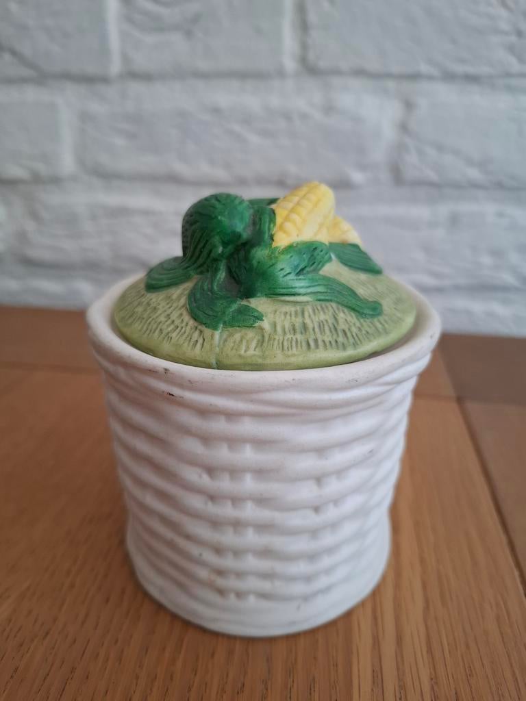 Vintage wit keramiek potje. Mandje. Voorraadpot. Maïs. H10cm, Huis en Inrichting, Ophalen of Verzenden, Gebruikt, Pot, Bus of Blik