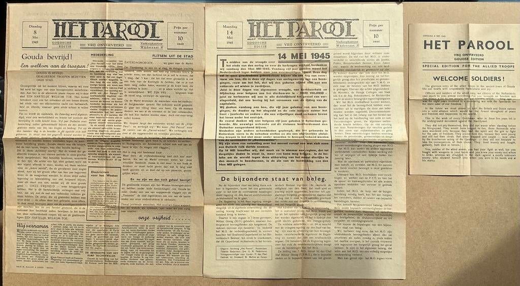 3x Het Parool - Goudse editie - Bevrijdingskranten 1945, Ophalen of Verzenden, 1940 tot 1960, Nederland, Krant